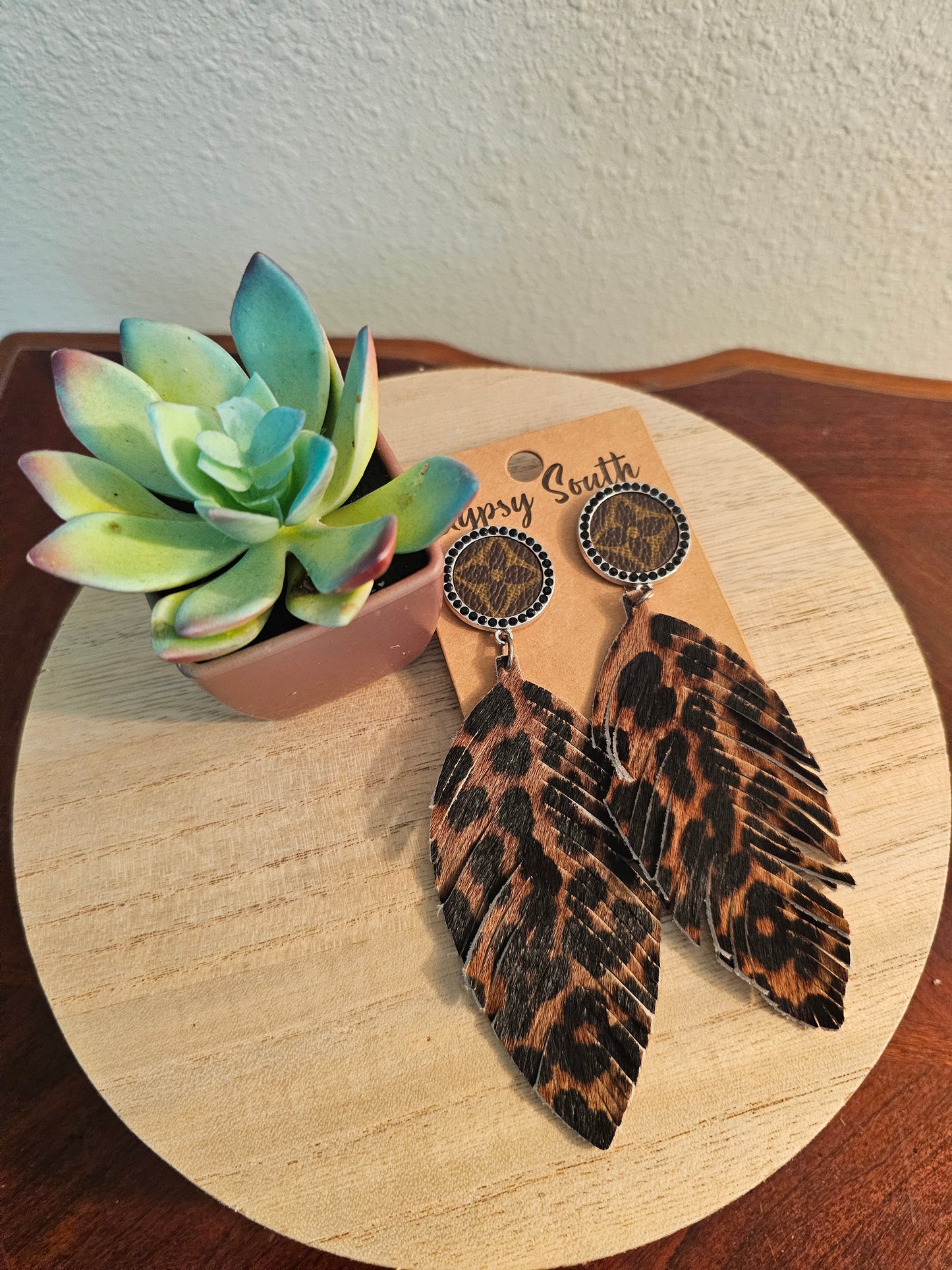 Gypsy South Upcycled LV Leopard Feather Earrings
