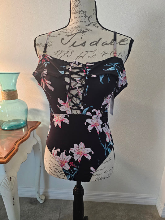 Black Floral One Piece Bathing Suit