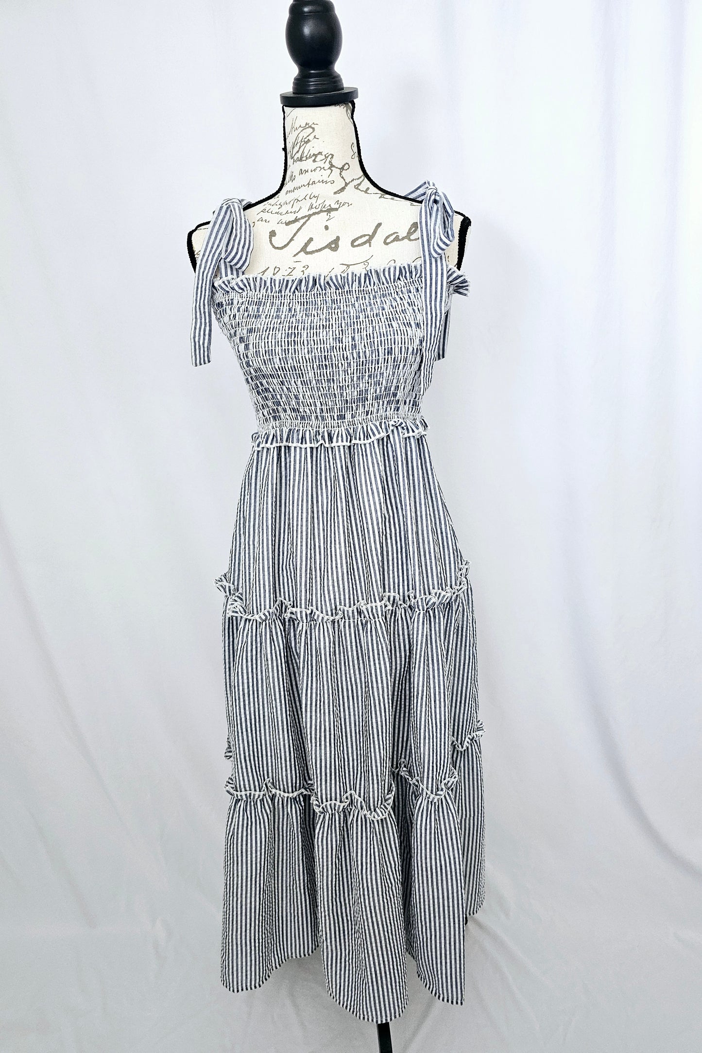 Simply Southern Seersucker Lined Navy Striped Maxi Dress