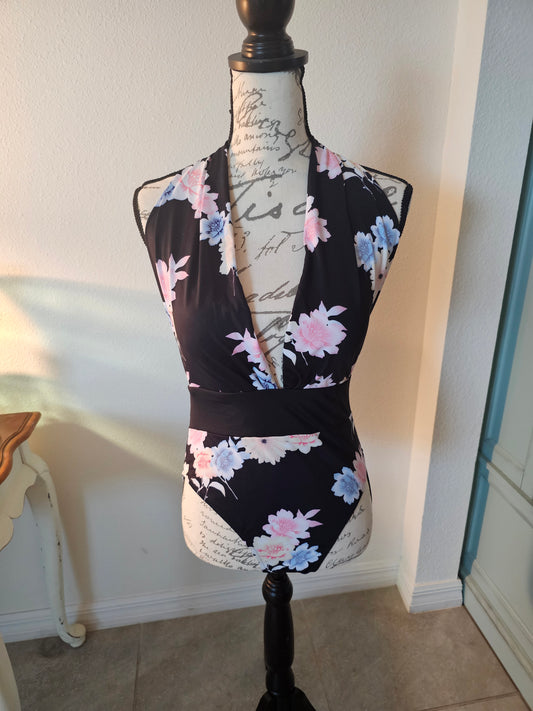 Floral Black One Piece Bathing Suit